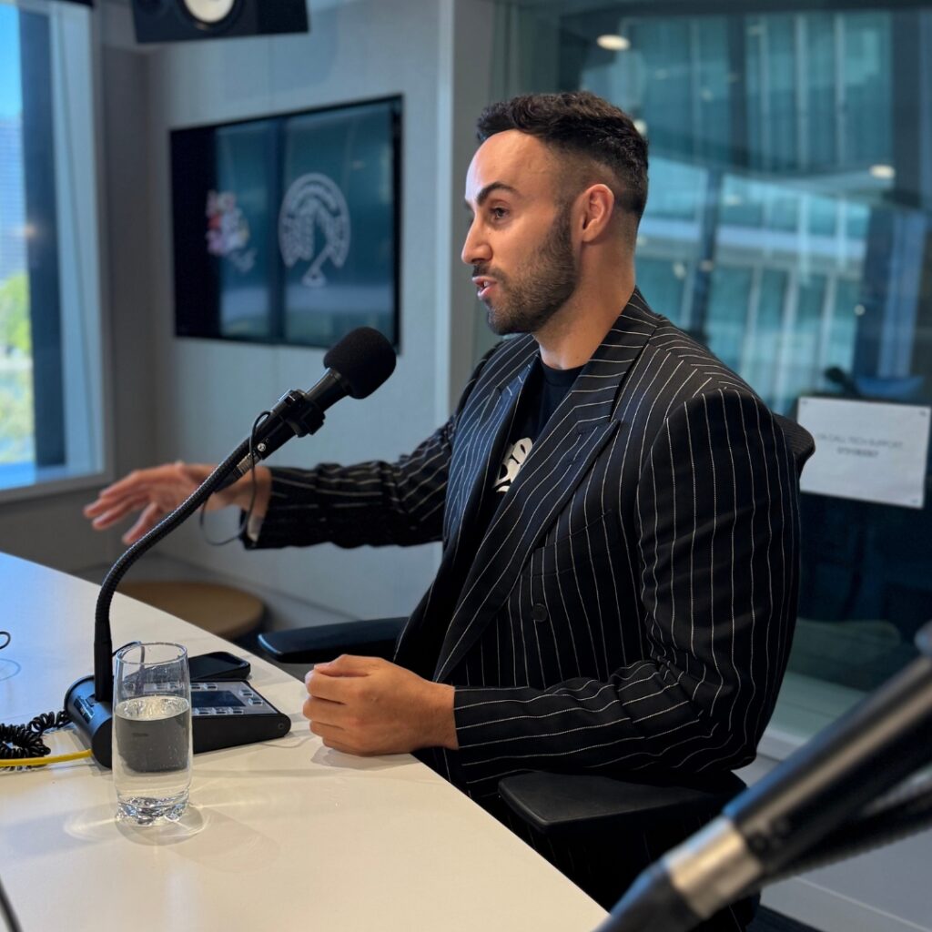 Matty Mills recording the Mental Fitness Conversations podcast