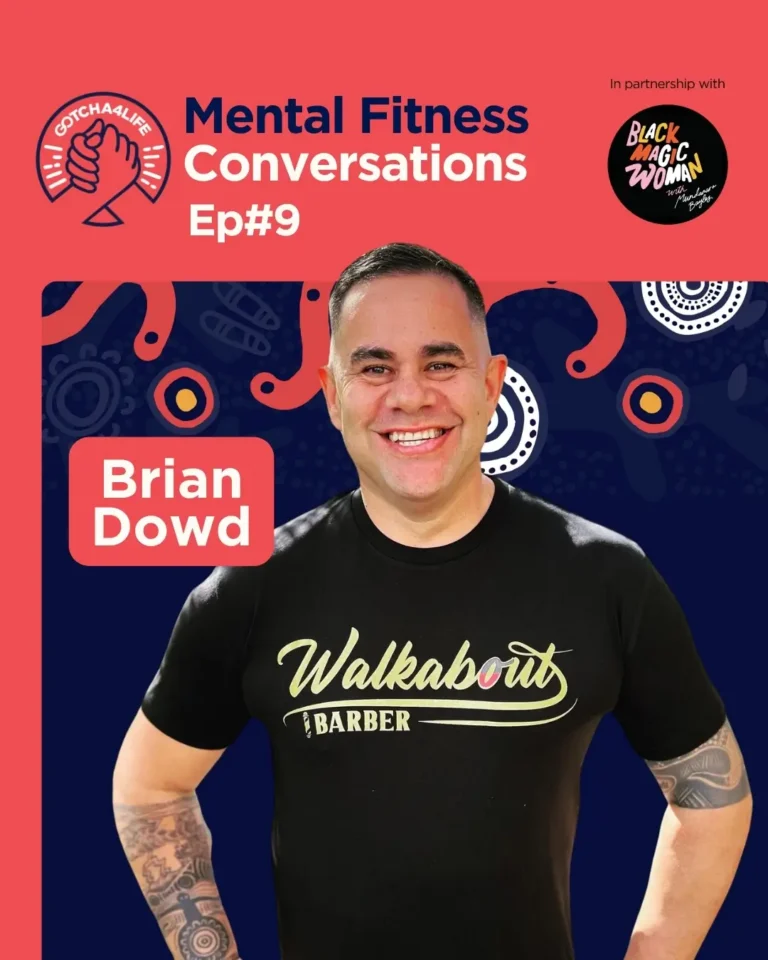Brian Dowd smiling with the Mental Fitness Conversations first nations artwork in the background.