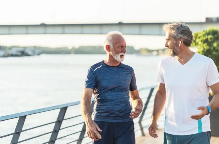 Two older men walk and chat along a waterfront promenade, smiling warmly; a bridge and calm water behind them suggest friendship and exercise.