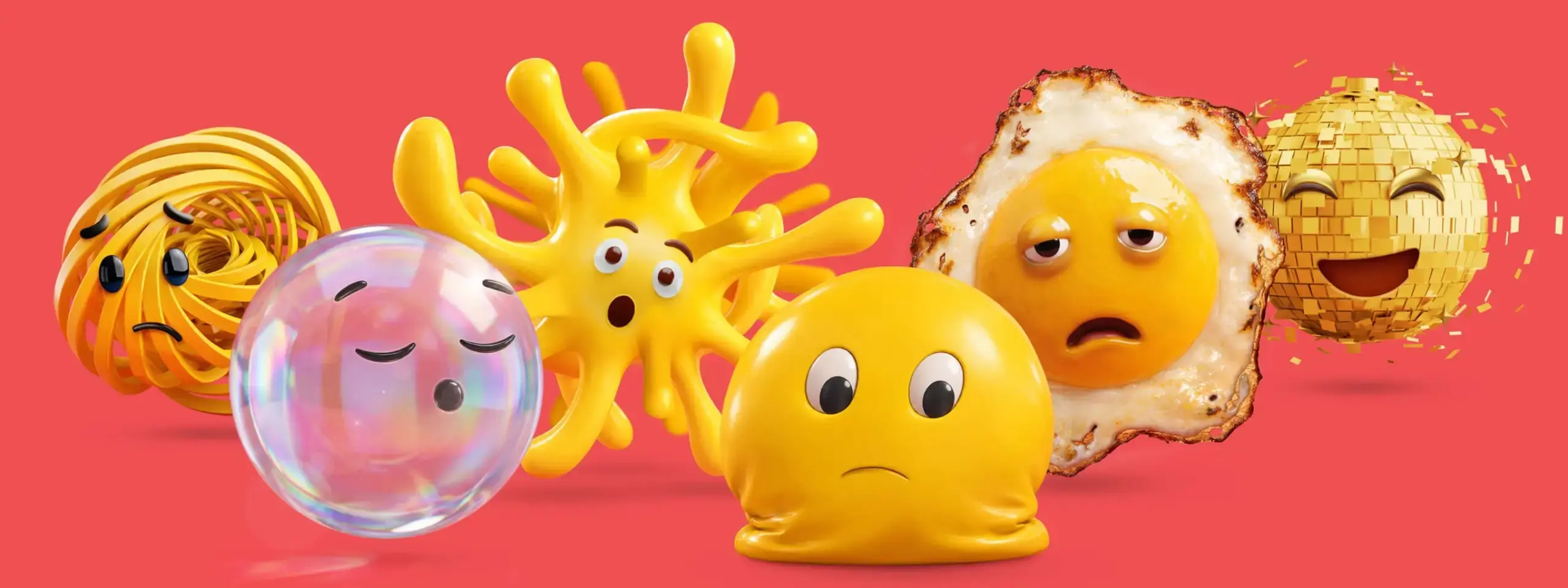 Playful cartoon lineup on coral: Spiralo, Breatho, Pullaparted, The Blahs, Crisped and The Glimmers